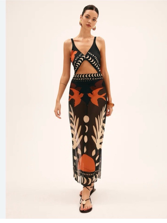 Commense Dresses & Skirts - Commense Black Maxi   transparent skirt Cream Graphic Bird Print Mesh Cover  L